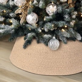Collar para rbol de Navidad, falda tejida para rbol de Navidad de 28 pulgadas, cubierta de base con aro de mimbre rstico, cuerda de algodn para...    