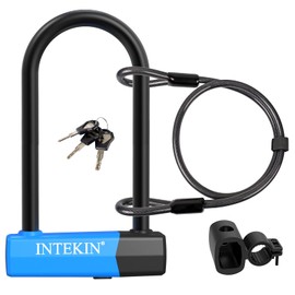 INTEKIN Bike Lock - U Lock for Bicycles, 16mm Security, 4FT/5FT Cable, Mounting Bracket - Medium, Blue
