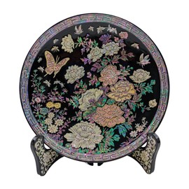 February Mountain Handcrafted Mother-of-Pearl Inlay Decorative Lacquer Plate - Floral and Butterfly Design with Stand