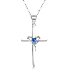 YZSFMZGE 925 Sterling Silver Cross Necklace for Women Birthstone Cross Necklace for Women Men 14K White Gold Plated Adjustable Heart Cubic Zirco Jewelry Gift for Christmas Mother's Day