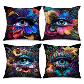 Tucocoo Modern Decorative Pillow Covers 18x18 inches Set of 4 Fantasy Flowers Throw Pillow Covers Sunflowers Evil Eyes Square Pillowcase Colorful Floral Cushion Case for Couch Sofa Bed Car Patio