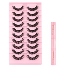 Kiusatig False Eyelashes Russian Strip Lashes with Glue Cat Eye Lashes Fluffy D Curl Wispy Fluffy Eyelashes 10 Pairs Eye Lashes with Lash Bond and Remover