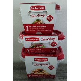 Rubbermaid food storage containers, 6 pack: 2 round 3.2 cups, 2 square 2.9 cups, 2 square 5.2 cups.