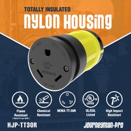 Journeyman-Pro NEMA TT-30R, 30 Amp, 125 Volt, Straight Blade Female RV Trailer Plug Connector, Black/Yellow Industrial Grade, Grounding 3750 Watts Generator TT30 (TT30R-YELLOW)
