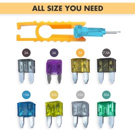 KafTon Mini Car Fuses Assorted Blade Fuse 2A 3A 5A 7.5A 15A 20A 25A 30A with a Fuse Puller/Clip for Auto Car Boat Automotive Replacement Fuses, motorhome parts accessories in fuse box(Pack of 9)