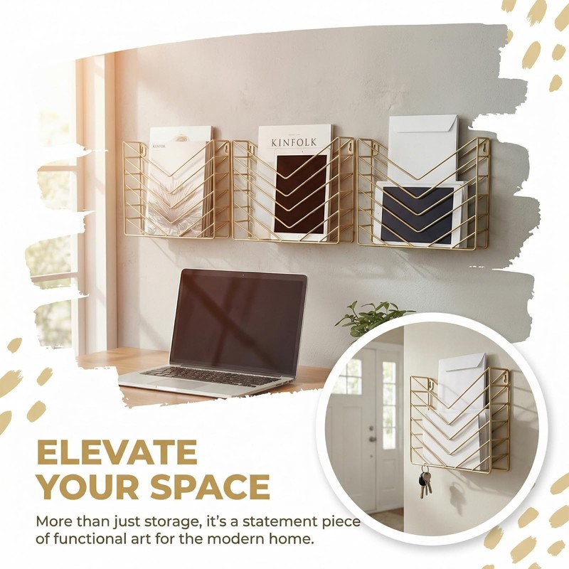 ZAYHENYOO Modern Wall Mounted Magzine Rack,Gold Wall Mount File Organizer,