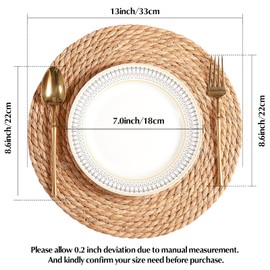 Round Woven Placemats - Boho Rattan Placemats Natural Water Hyacinth Placemats, Farmhouse Weave Place Mats, Rustic Braided Wicker Table Mats for Dining Table,Home,Wedding (13 inch Set of 8)