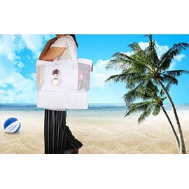 Large Mesh Beach Tote Bag with Zipper and Insulated Picnic Cooler Leak-proof for Beach Pool Outdoor Trave Gym