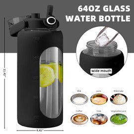 LynsaTac 64oz Glass Water Bottle with Sleeve,1800ml Large Capacity Sports Water Bottle, Dual Drinking Modes, Heat-Resistant Glass,Portable,Ideal for Gym, Sports, Workouts, Daily (Ink color, 64oz)