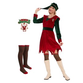 Gumyawl Elf Costume for Women Jovi Christmas Elf Dress Set with Brooch and Stocking for Xmas Fancy Outfit Party (XX-Large)