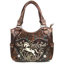 Zelris Western Rearing Horse Embroidered PU Leather Concealed Carry Women Tote Purse with Matching Wallet Set (Brown)