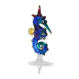 Mr_air_thai_Glass_Blown Tiny 2½" High Blue Yellow Seahorse Figurine - Miniature Hand Blown Glass Animal Multicolor Sea Horse Colorful Marine Life Crystal Decorative Collectible Figurines Décor Gifts