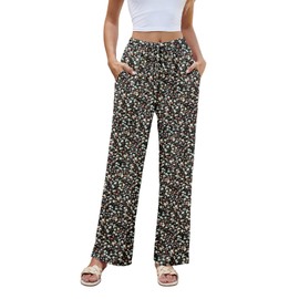 NILOUFO Women Summer Casual High Waist Wide Leg Pants Fashion Lightweight Flowy Boho Beach Trousers with Pockets(Broken Flower Black, X-Large)