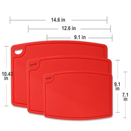 Liflicon Thick Cutting Boards Set of 3pcs Large 14.6'' x 10.43'',Middle 12.6'' x 9.1”, Mini 9.1”x7.1” Juice Grooves Easy Grip Handle Dishwasher Safe for Kitchen,Chif-Red