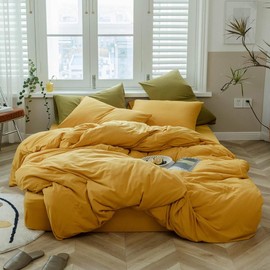 Comfortable & Soft 3 Piece Gentle Breathable Texture Cotton Duvet Cover King Size Solid Hued Tidy Design | All Seasons Fall Bedding Yellow Mustard Color Zipper Closure Warm Plush Cozy Luxury