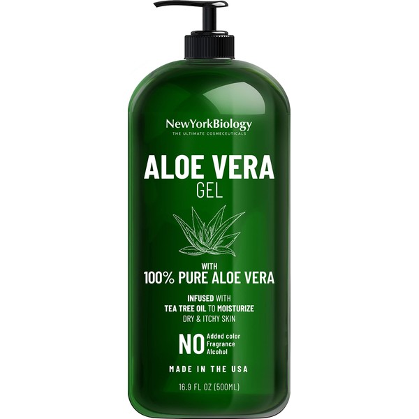 New York Biology Aloe Vera Gel for Face, Skin and Hair - Infused with Tea Tree Oil – From Fresh Aloe Vera Plant – Moisturizing Aloe Vera for Sunburn Relief and Dry Skin - 16.9 oz