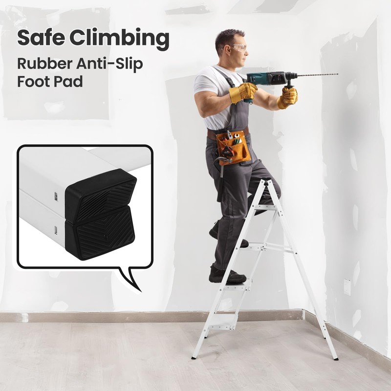 FAHKNS White 4 Step Ladder, Aluminum Light Folding 4 Step
