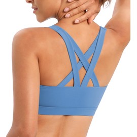 ONEW Front Zipper Sports Bras for Women High Impact Workout Bra Criss-Cross Back Yoga and Training Running Bras,Blue,Medium