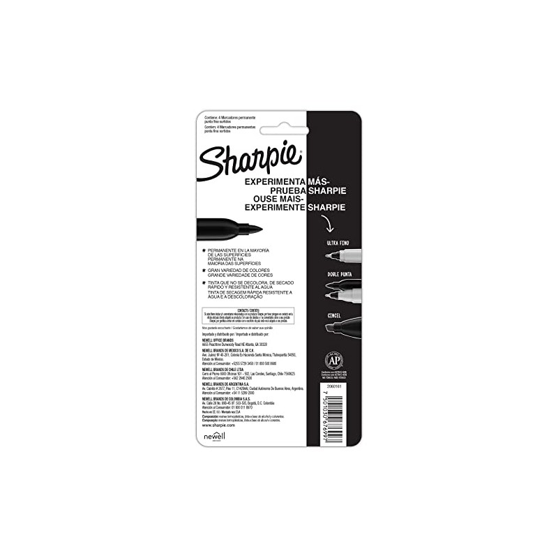 Sharpie Marcadores Permanentes, Punta Fina, Negro, 4 Piezas, 1812757