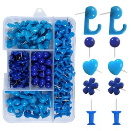 VAPKER 215Pcs Blue Push Pins Set,Hook Push Pins,Round Head Map Tacks,Flat Flower Thumb Tacks,Heart Shape Push Pins,Standard Push Pins Plastic Head with Steel Point