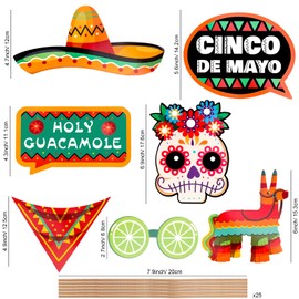 Qpout 25PCS Mexico Fiesta Photo Prop Mexican Carnival Party Decoration Supplies for May Day Selfie Party Supplies Fiesta Photo Decoration Mexican Themed Party
