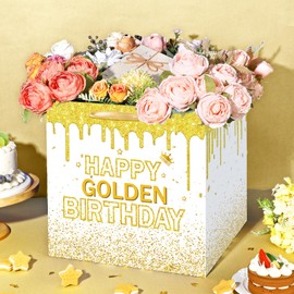 12" Extra Large Happy Golden Birthday Gift Bag Gold Glitter Birthday Decorations It's My Golden Era Gift Wrapping Paper Bag for Women Men 16th 18th 21st 24th 25th 28th 30th Party Favor Supplies