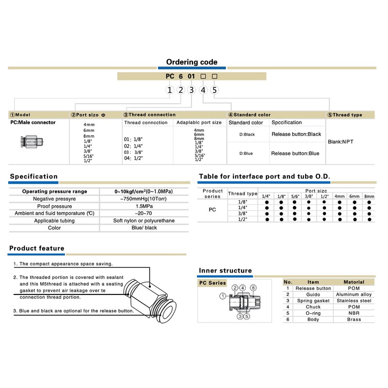 CEKER Push to Connect Air Fittings Male Straight PC 1/2"