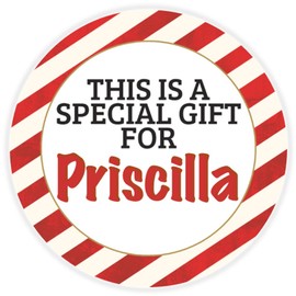 This is a Gift for Priscilla - 100 Pack Circle Stickers 3 Inch - Candy Cane Merry Christmas Gift Tag Present Tree Holiday Custom Name Santa Claus