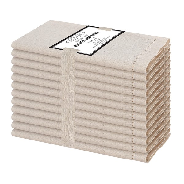 Cotton Clinic 12 Pack Hemstitched Cloth Dinner Napkins Oversized 20x20, Linen Cotton Fabric Tailored with Mitered Corner - Cocktail Napkins, Wedding Dinner Napkins Natural