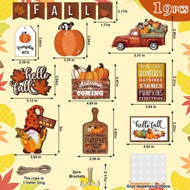 Quimoy 19 Pcs Fall Tiered Tray Decor, Hello Fall Pumpkin Gnome Truck Decorative Signs, Autumn Thanksgiving Day Wooden Tray Decorations for Home Kitchen, Rustic Farmhouse Table Decor
