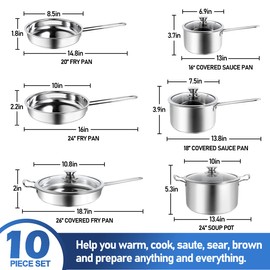 Aufranc 10-Piece Pots and Pans Set, Stainless Steel Cookware Set- Includes Ergonomic Handle Saucepans, Skillets, Dutch Oven, Stockpot, Steamer & More - Premium Pots and Pans for Home Chefs