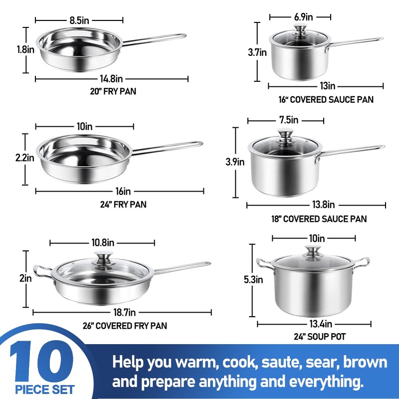 Aufranc 10-Piece Pots and Pans Set, Stainless Steel Cookware Set-
