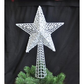 Kaemingk Christbaumspitze Stern Kunststoff 37 x 25 cm Gold/Silber Glitzer Pailletten Weihnachtsbaum Spitze, Farbe:Silber