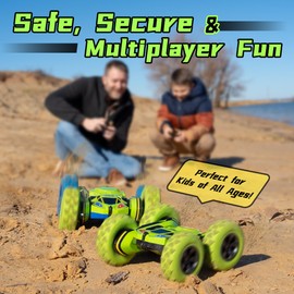 Threeking Remote Control Car RC Cars Toys for Boys Girls Ages 6-12, 4WD Stunt Car with Breathing Soft Lights, Double-Sided Driving & 360° Flips, Presents Gifts, Green