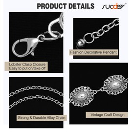 SUOSDEY Women Western Concho Chain Belt Silver Gold Boho Waist Chain Adjustable Country Metal Chain Belt for Jeans Dress