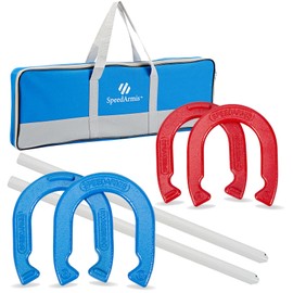 SpeedArmis Horseshoes Set, Universal Size Lawn Horseshoes Outdoor Games for Parties Beach Backyard - Includes 4 Horseshoes & 2 Steel Stakes & Durable Carrying Bag (Blue & Red)