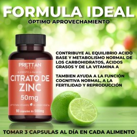 Suplemento Citrato Zinc Prettan Vegano Caps 500mg Sabor