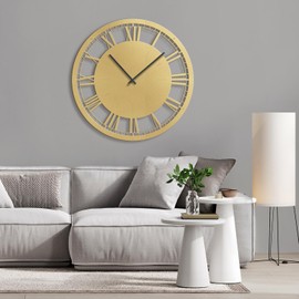 SIGNLEADER Metal Wall Clock Decor, Industrial Style Roman Numerals Wall Sculpture Round Clock Silent Battery Operated Hangings Home Decoration for Living Room, Kitchen, Bathroom, Bedroom - 24" Gold