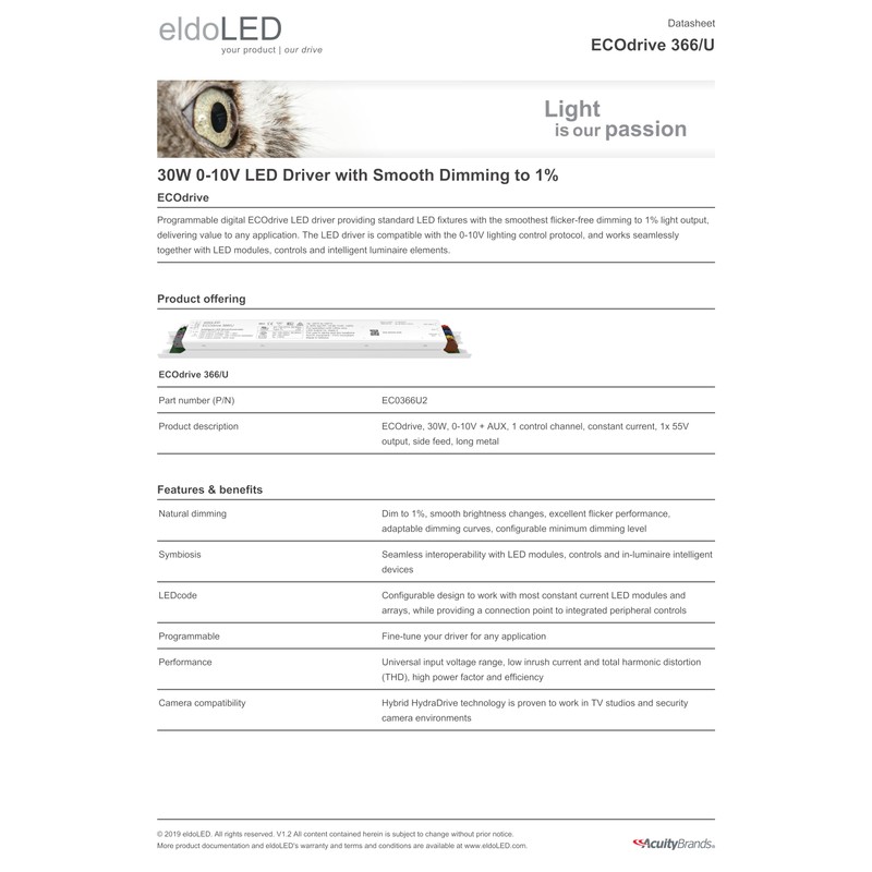 eldoLED | EC0366U2 | 30W 0-10V LED Driver with Smooth