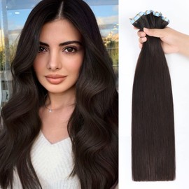 JESSBO Tape-In Real Hair Extensions, 18 Inches, 20 Pieces, 50 g/Pack, Dark Brown, Invisible Tape-In Hair Extensions