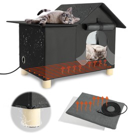 HUMLANJ Elevated Large Heated Cat House for Outdoor Cats in Winter, Weatherproof Feral Cat Shelter with 2 Pads, Collaspable Insulated Cat Kennel Outside Stray Cat Hut for Wild Small Animal Rabbit