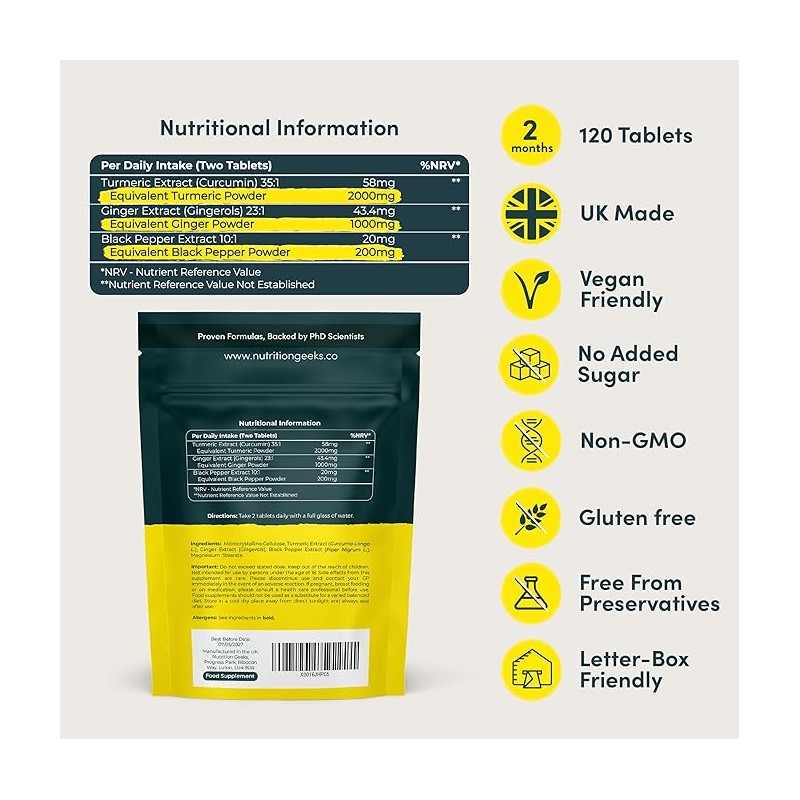 Nutrition Geeks Turmeric Tablets 2000 mg with Black Pepper &