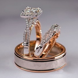 HengSun Promise Rings for Couples Set, 3 pc His and Her Wedding Ring Set, Hypoallergenic Rose Gold Imitation Diamond Ring Set, Cubic Zirconia CZ Bride Promise Rings Set, Size 6-10 (9)