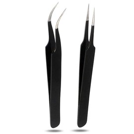 A+ Quality Set of 2 Black Anti Static Tweezers Including Straight & Curved for Make up Eyelashes Extensions, Nail Art Rhinestones/Crystals Decorations and Handicrafts/Crafting by PC
