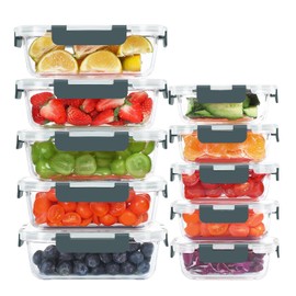 KOMUEE 10 Pack Glass Food Storage Containers, Meal Prep Containers with Lids, Airtight Glass Lunch Boxes, Freezer, Oven, and Microwave Safe