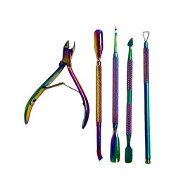 Nail Cuticle Pushers Double-Ended Knurled Handle Multi-Colored Titanium Rainbow Manicure and Pedicure Tools German Steel | Spa, Salon, Home Use (Set of 5 - Pushers+Scraper+Pliers)