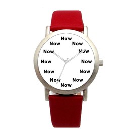 Now Is The Time That Is Shown Each Hour on The White Dial of The Brushed Chrome Round Unisex Watch with a Red Leather Strap