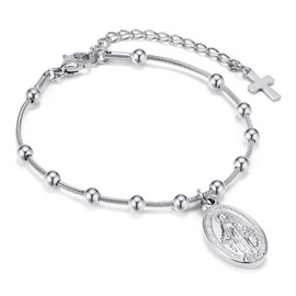 Women's Silver Virgin Mary Bracelet - Silver Rosary Bead Cross Bracelets,Hypoallergenic Non Tarnish Stainless Steel Religious Baptism Dainty Virgen de Guadalupe Bracelet,Catholic Jewelry Gifts for Her