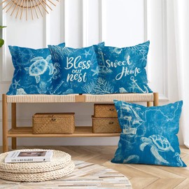 Joymaison Summer Navy Blue Nautical Cushion Covers 45 x 45 Pack of 4 Ocean Sea Turtle Anchors Home Sweet Home Square Throw Pillow Case Decorative Sofa Cushion with Invisible Zipper