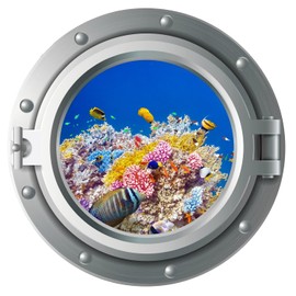 Niwo ART - Coral A, Sea Porthole Under Water Submarine 3D Decal, Peel and Stick Self-Adhesive Wall Sticker (16 inches)